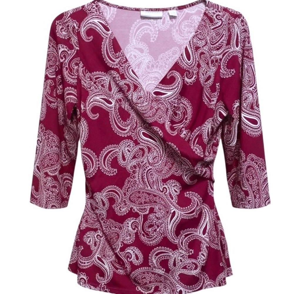 New York & Co Purple White Top V-Neck Crossover Stretchy Size Small